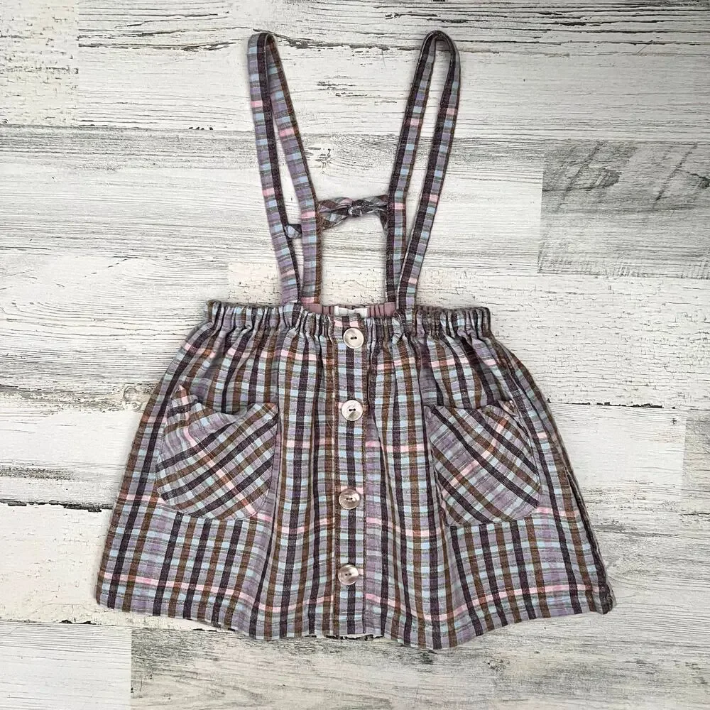 🌻3/$25 Zara Kids Suspender Skirt Girls 3-4 Plaid Button Strap Cotton Blend Woven
